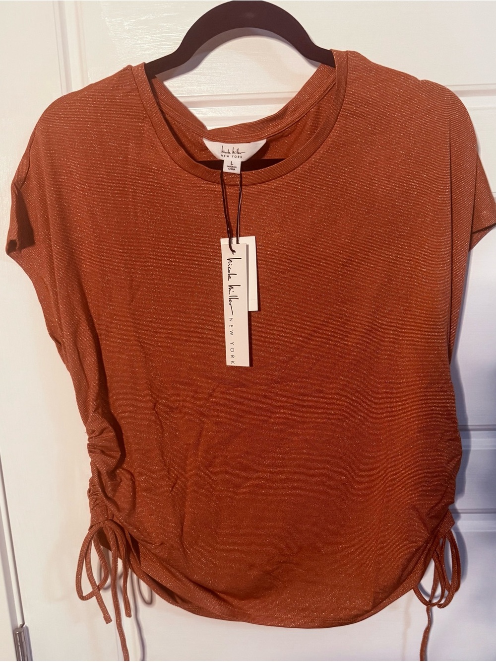 NWT Nicole Miller Sparkle Rust Short Sleeve Side-Tie Top large